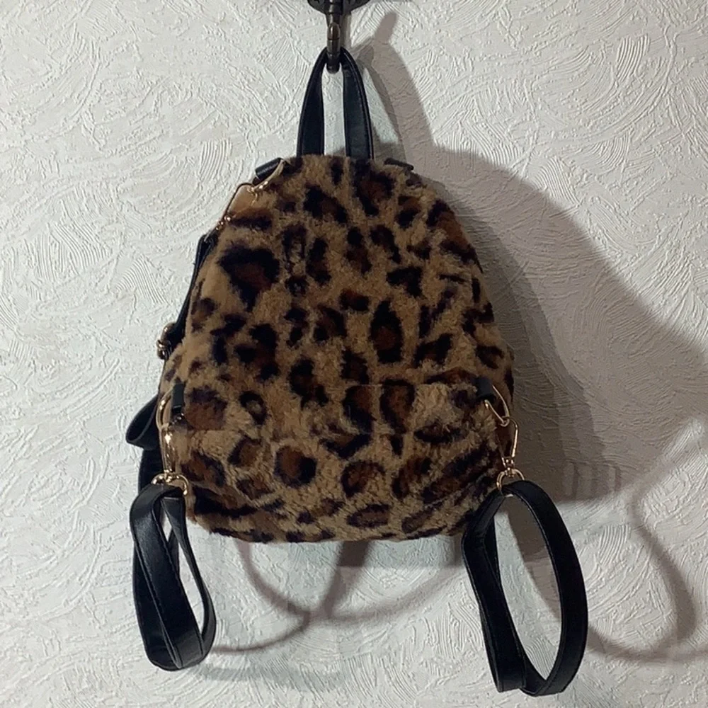Faux Fur leopard animal print small backpack - fun playful - faux leather strap